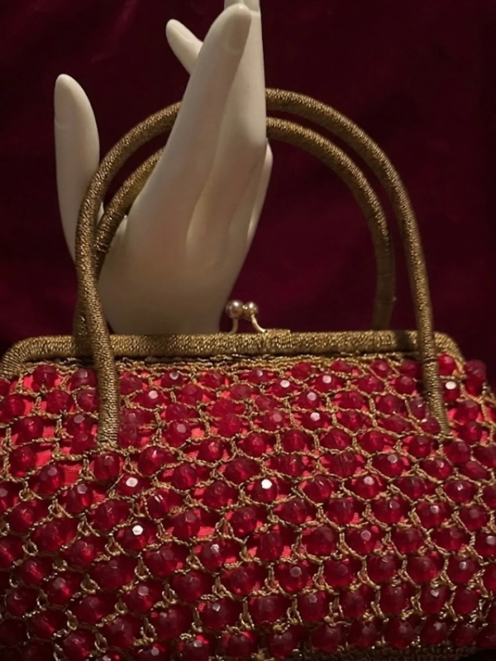 Vintage Red Beaded Evening Handbag with Gold Trim